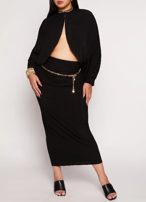 Plus Size Ruched High Waist Maxi Skirt wool skirt breathable