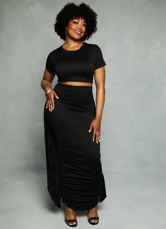 Plus Size Ruched Ruffle Detail Maxi Skirt silk skirt lustrous
