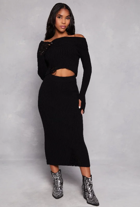 Ribbed Knit Distressed Maxi Skirt silk skirt smooth