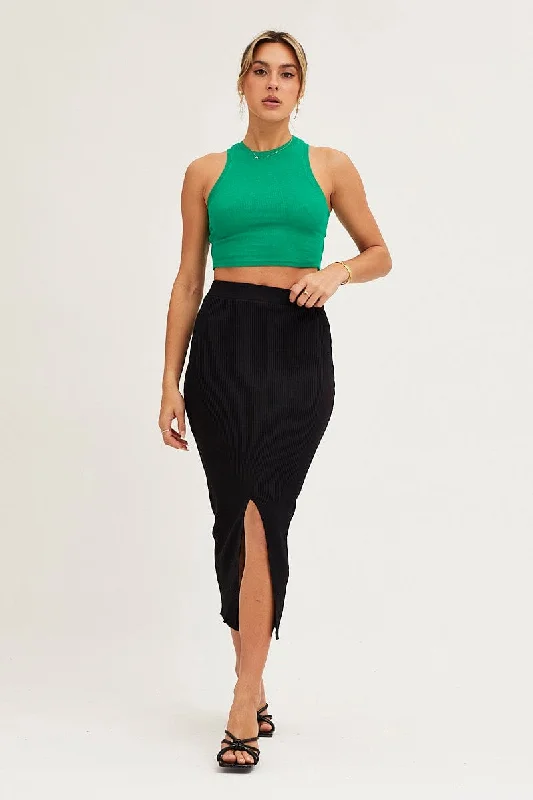 Black Slit Kint Midi Skirt denim skirt casual