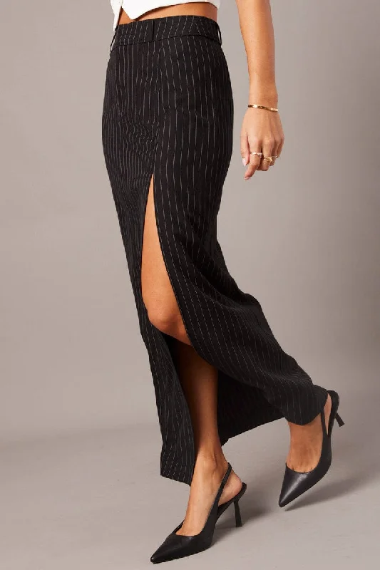 Black Stripe Midi Skirt Tailored High Waist silk skirt sleek