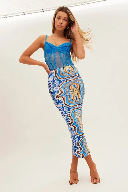 Blue Abstract Abstract Midi Skirt lace skirt feminine