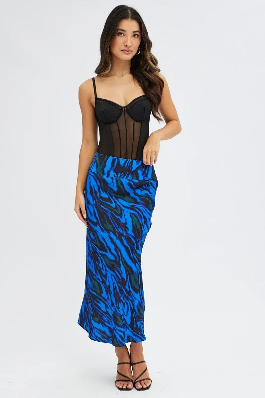 Blue Abstract Midi Skirt High Waisted Satin Bias Cut chiffon skirt delicate