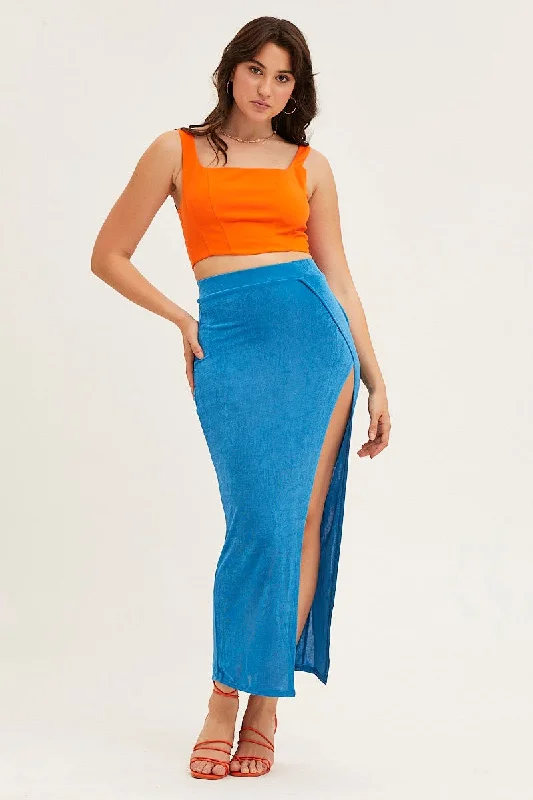 Blue Jersey Elastic Waist Front Split Midi Skirt high waist skirt