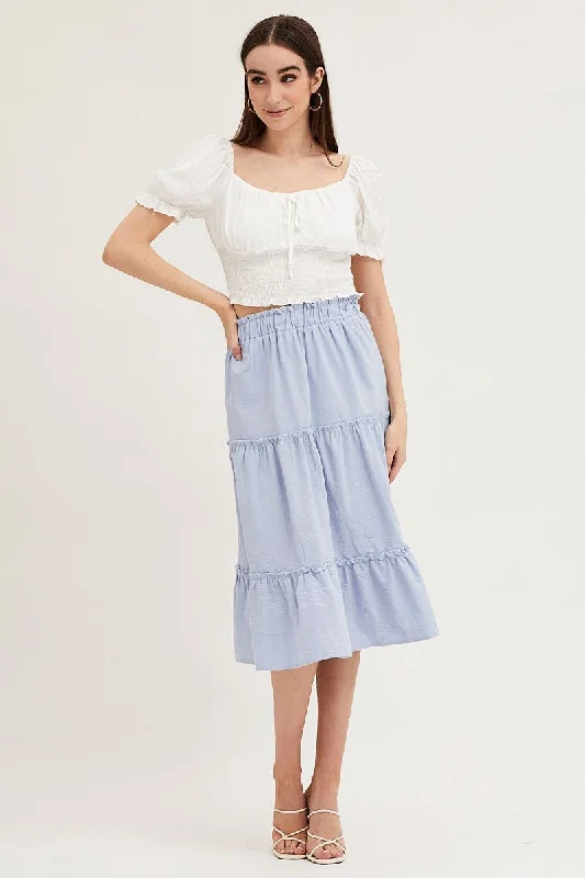 Blue Tiered Midi Skirt cashmere skirt soft