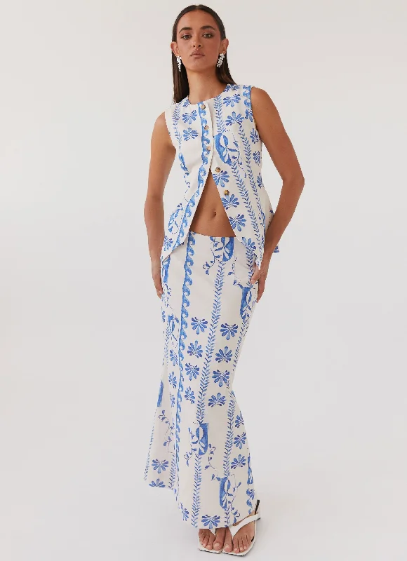 Born For Bordeaux Linen Midi Skirt - Floral Wave chiffon skirt airy