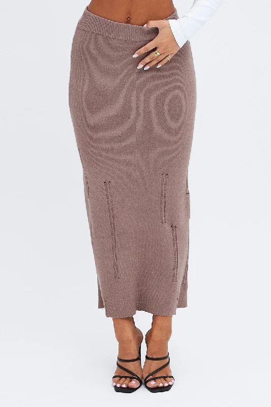 Brown Midi Skirt High Waisted A-line Ladder Knit tulle skirt dreamy