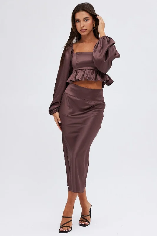 Brown Midi Skirt High Waisted Satin Bias Cut linen skirt breathable