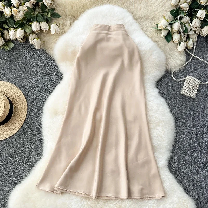 Cest Elegant Satin Skirt in Ivory high slit skirt