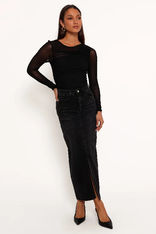 Dana Denim Midi Skirt - Black Wash ribbed skirt waist