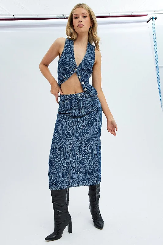 Denim Midi Skirt Mid Rise Straight Fit Paisley Denim lace skirt feminine