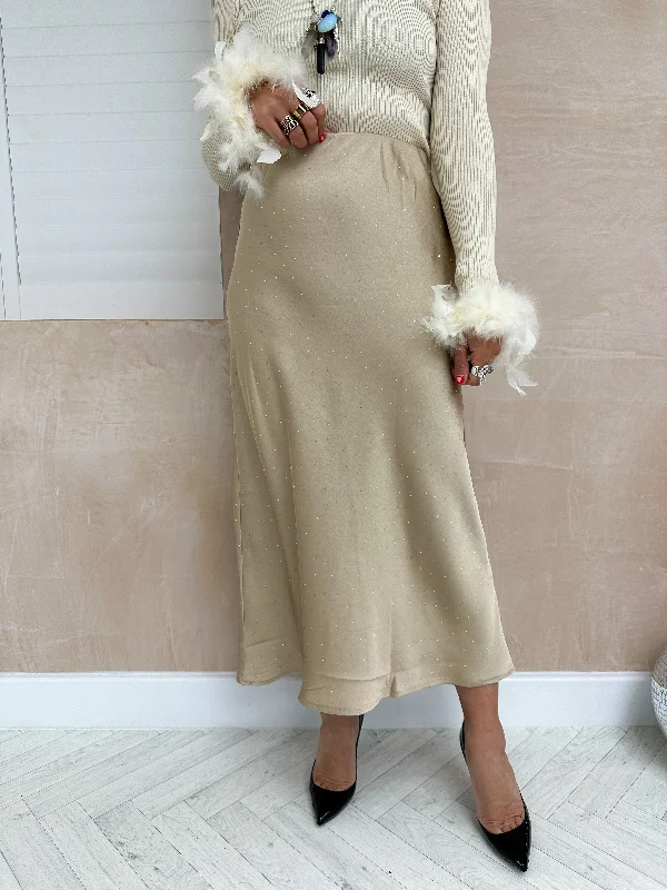 Diamante Scattered Satin Midi Skirt In Gold denim skirt trendy