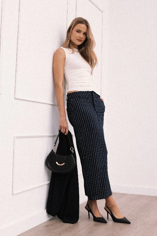 Ellory Midi Skirt - Navy Pinstripe midi skirt versatile