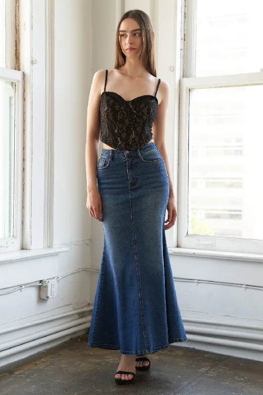 WHISPERING WINDS DENIM MIDI SKIRT leather skirt durable