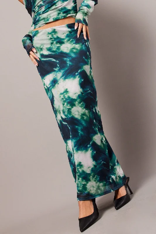 Green Abstract Midi Skirt High Rise Mesh wool skirt sturdy