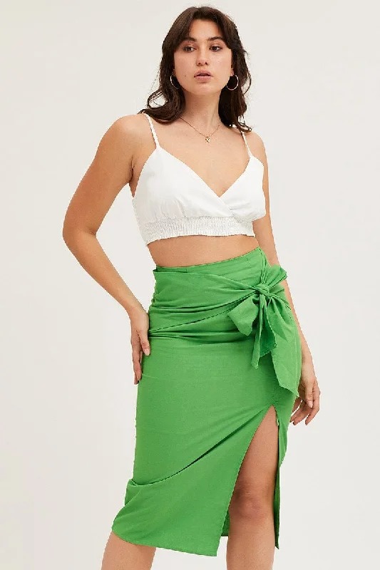 Green Front Tie Midi Skirt silk skirt elegant