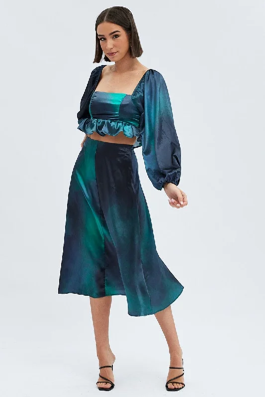 Green Print Midi Skirt High Waisted A-line Panelled Satin lace skirt delicate