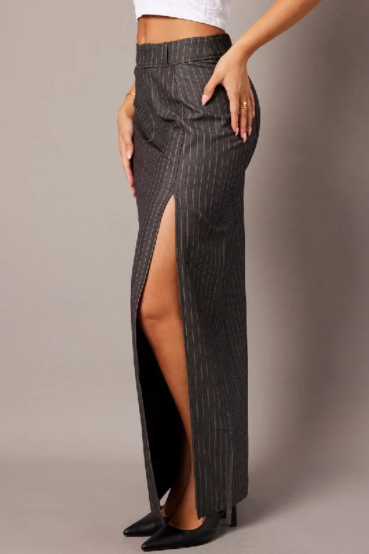 Grey Stripe Midi Skirt Tailored High Waist cashmere skirt fine
