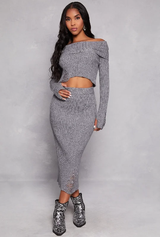 Ribbed Knit Distressed Maxi Skirt corduroy skirt cozy