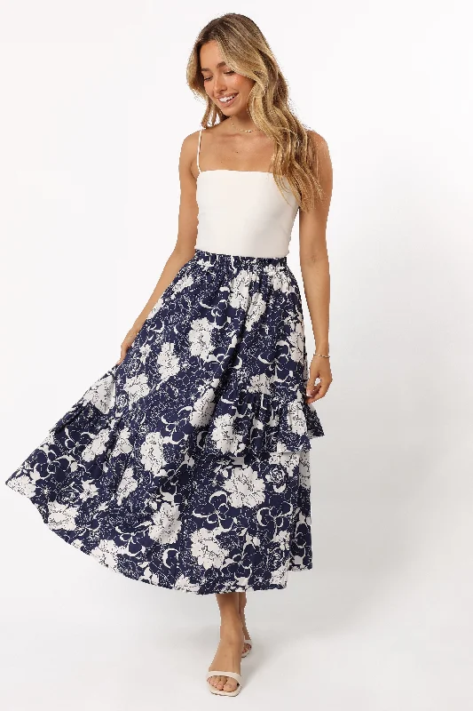 Josephine Tiered Midi Skirt - Navy wool skirt breathable