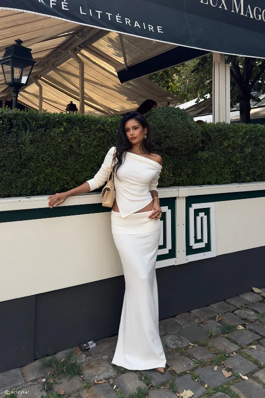 Karlie Knit Maxi Skirt With Ribbed Waist - Ivory low waist skirt