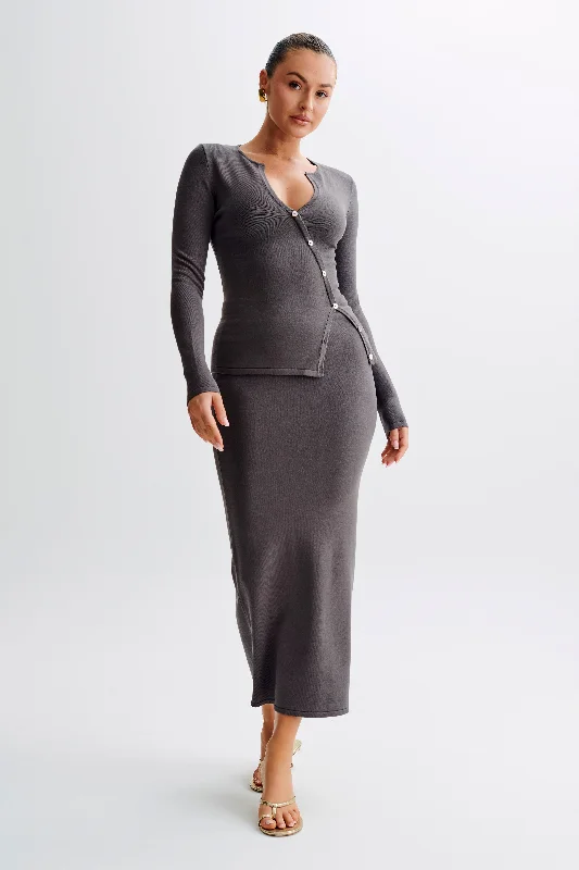 Maisie Buttoned Knit Maxi Skirt - Dark Charcoal patchwork skirt art
