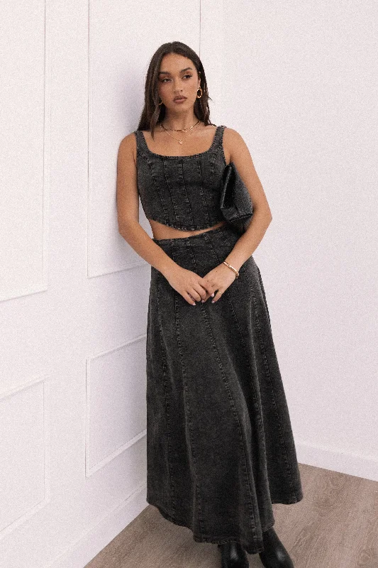 Mara Midi Skirt - Black velvet skirt luxurious