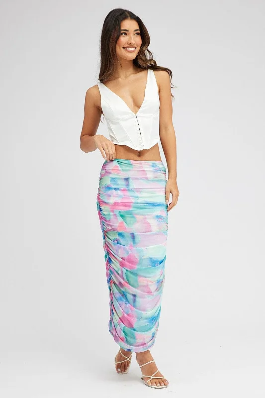 Multi Abstract Midi Skirt Side Ruched Mesh lace skirt romantic
