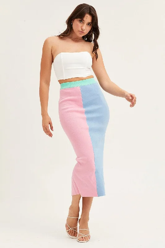 Multi Color Block Knit Midi Skirt ruffled skirt detail