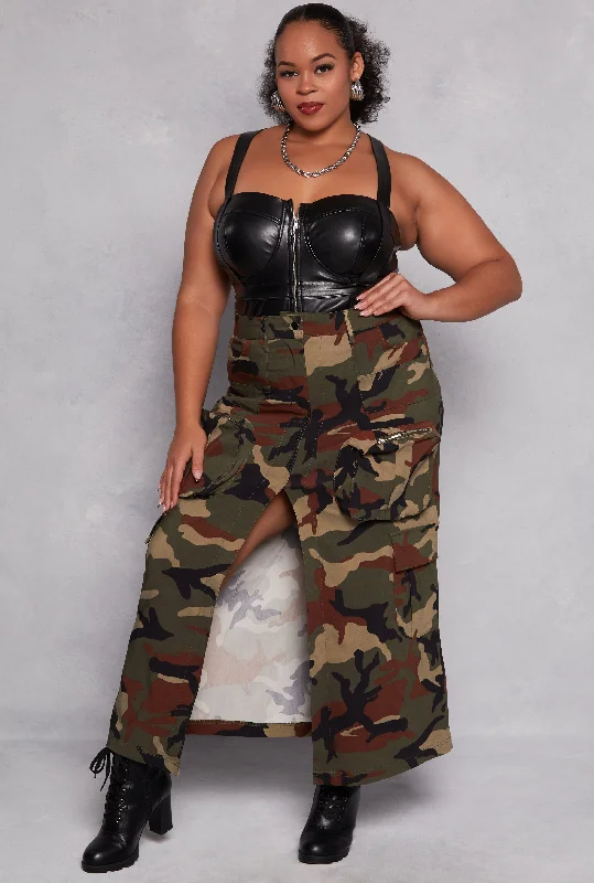 Plus Size Camo Slit Front Maxi Cargo Skirt linen skirt natural
