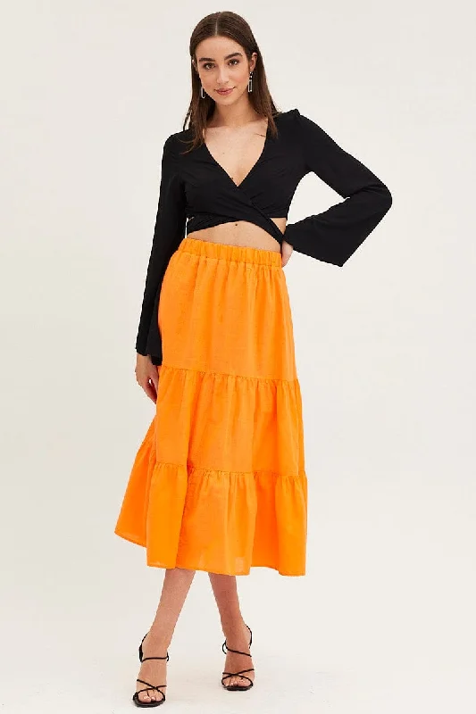 Orange Midi Skirt High Rise denim skirt fashionable