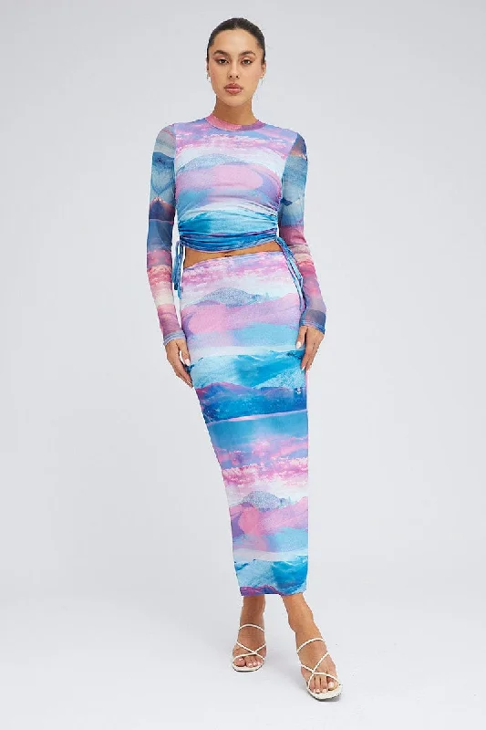 Pink Abstract Midi Skirt Mesh flowy skirt hem