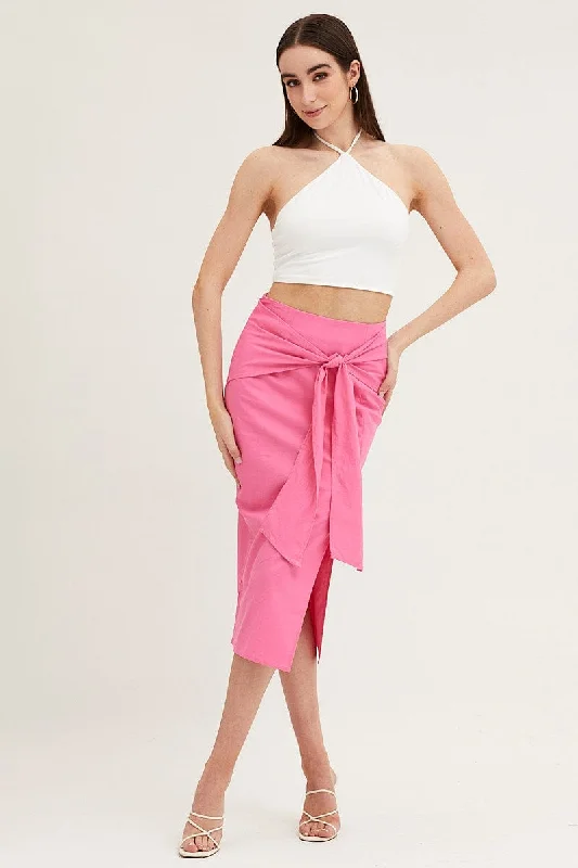 Pink Front Tie Midi Skirt lace skirt intricate