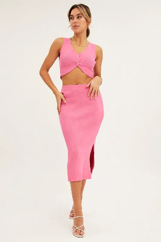 Pink Knit Skirt Midi Elastic Waist lace skirt elegant