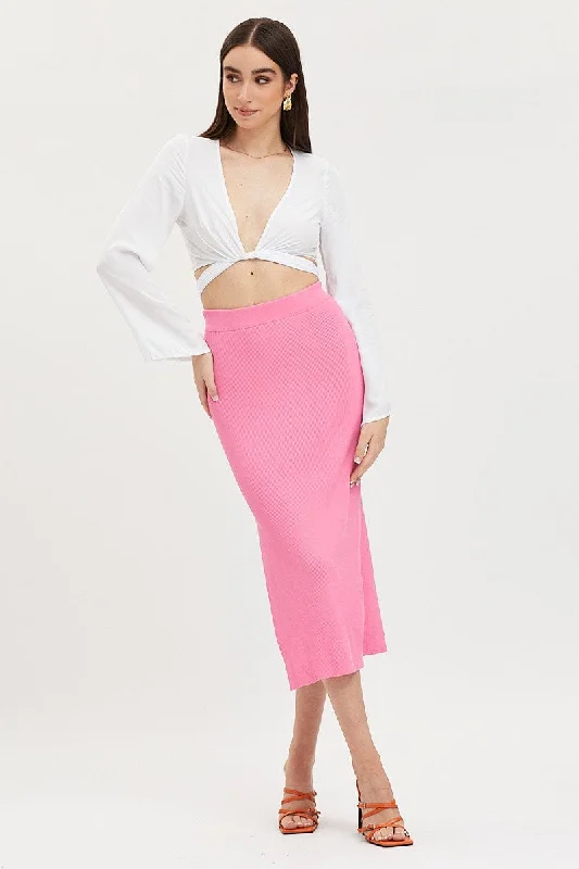 Pink Knit Skirt Midi Side Split midi skirt versatile