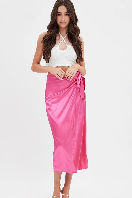 Pink Twist Midi Skirt ruffled skirt detail