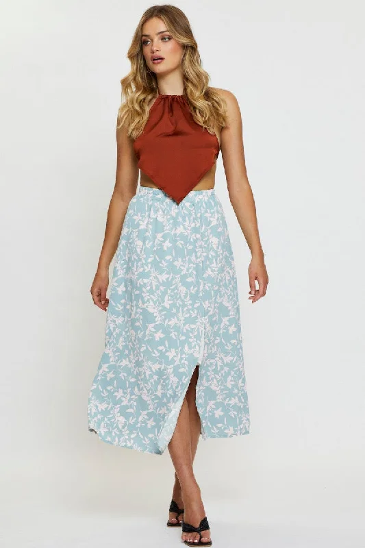 Print Midi Skirt Front Slit linen skirt airy