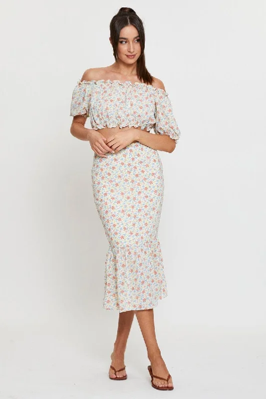 Print Midi Skirt High Waist linen skirt relaxed