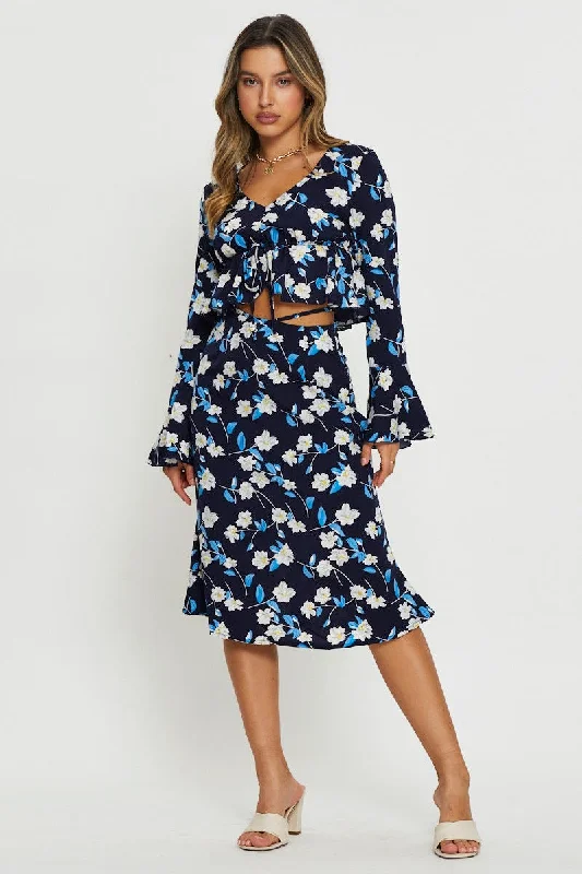 Print Midi Skirt Tie Waist lace skirt intricate