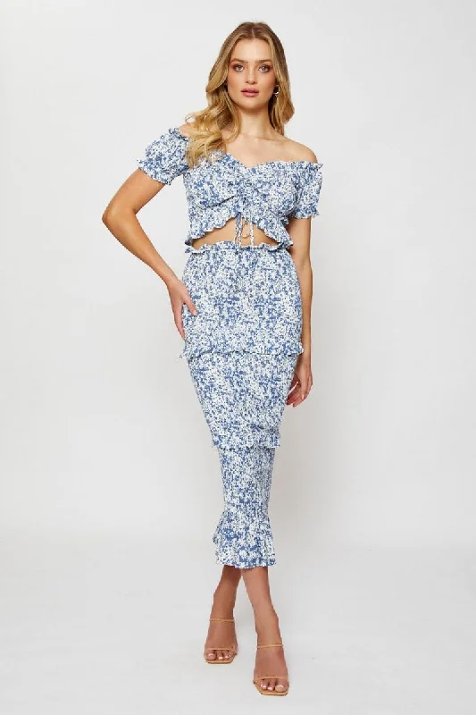 Print Smocking Pencil Midi Skirt high waist skirt