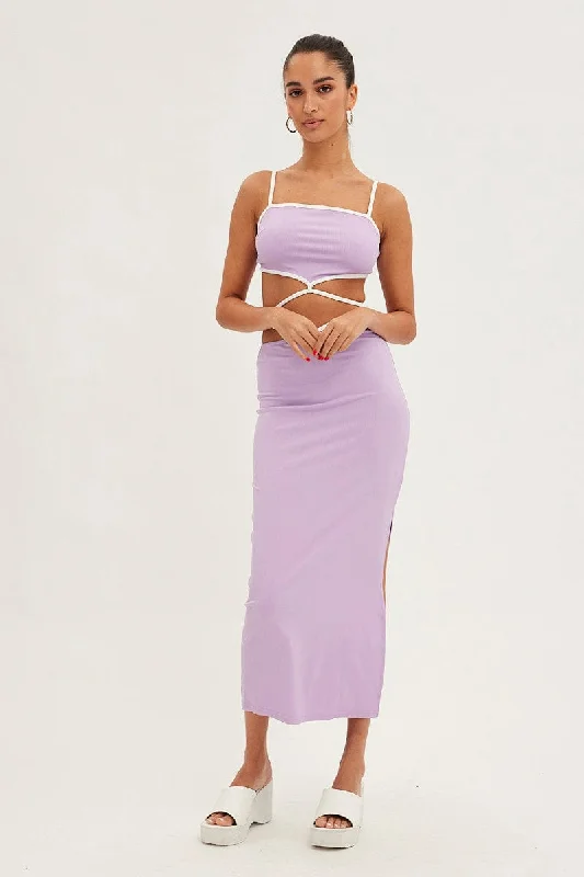 Purple Midi Skirt Bodycon Tie Contrast Ribbed belted skirt waist