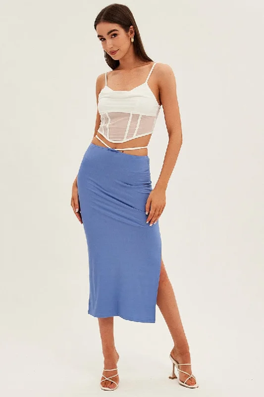 Blue Midi Skirt Bodycon Tie Contrast Ribbed lace skirt elegant