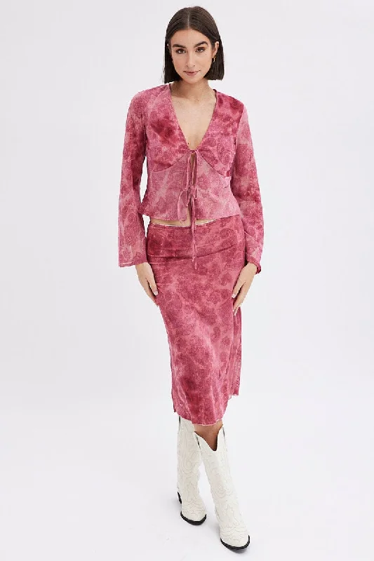 Red Paisley Midi Skirt High Rise Fit & Flare Mesh Lined cashmere skirt fine