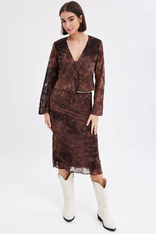 Red Paisley Midi Skirt High Rise Fit & Flare Mesh Lined silk skirt lustrous