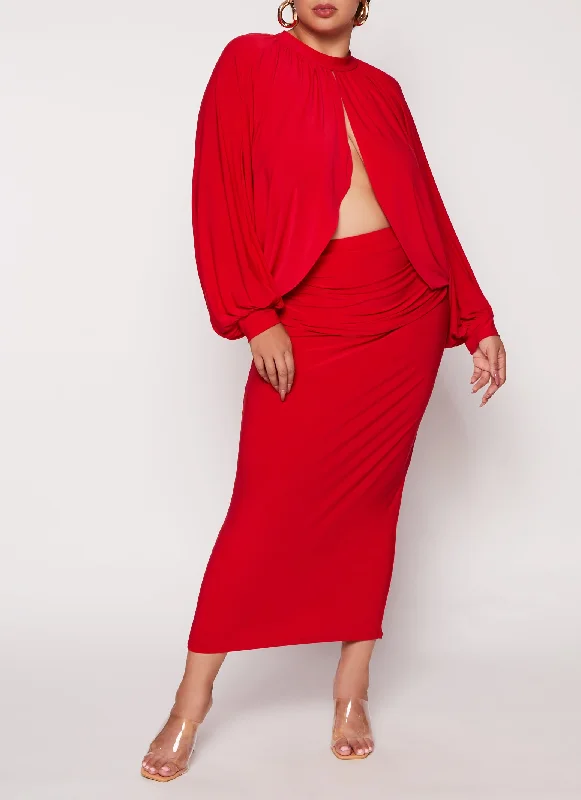 Plus Size Ruched High Waist Maxi Skirt silk skirt smooth