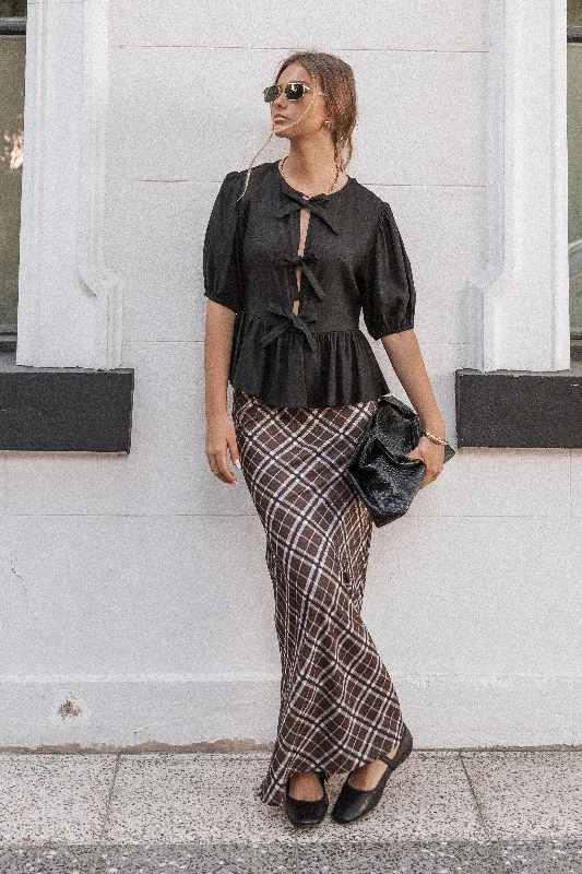Sandra Midi Skirt - Brown Check button skirt front