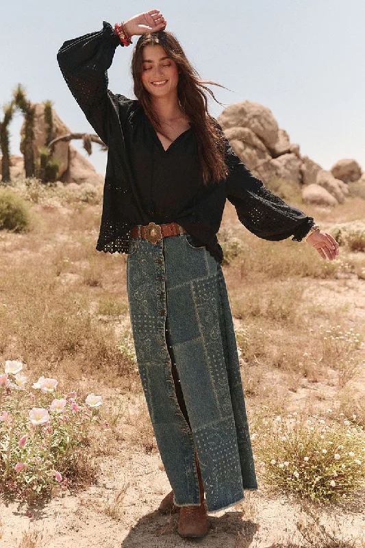 Spell Road Trip Denim Maxi Skirt | Bandana a-line skirt cut