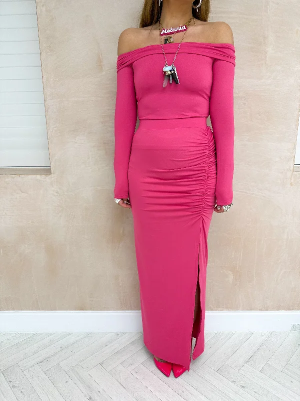 Split Side Lycra Midi Skirt In Raspberry Pink denim skirt durable