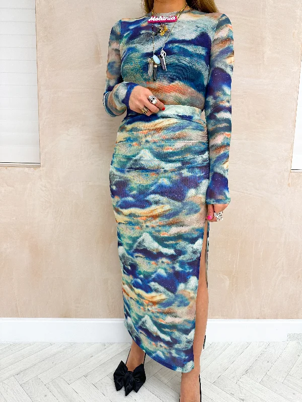 Split Side Mesh Midi Skirt In Blue Mix Cloud Print asymmetrical skirt cut