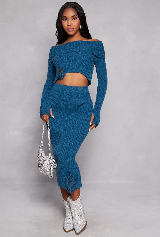 Ribbed Knit Distressed Maxi Skirt leather skirt refined